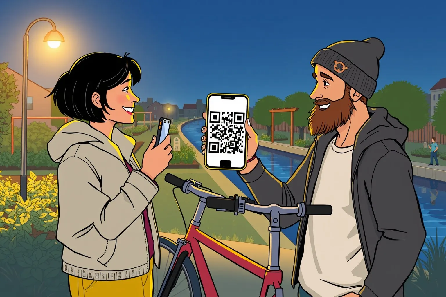 Comiczeichnung am Abend unter einer Straßenlaterne: Ein Mann mit Bart und Mütze hält sein Handy mit einem QR-Code hoch, eine Frau mit kurzen dunklen Haaren hält ihr Handy davor; zwischen ihnen ein Fahrrad, dahinter Hochbeete und ein Kanal.